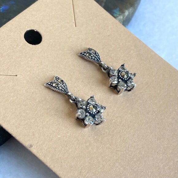Sterling Silver 925 Cubic Zirconia & Marcasite Flower Dangle Stud Earrings - Picture 4 of 16